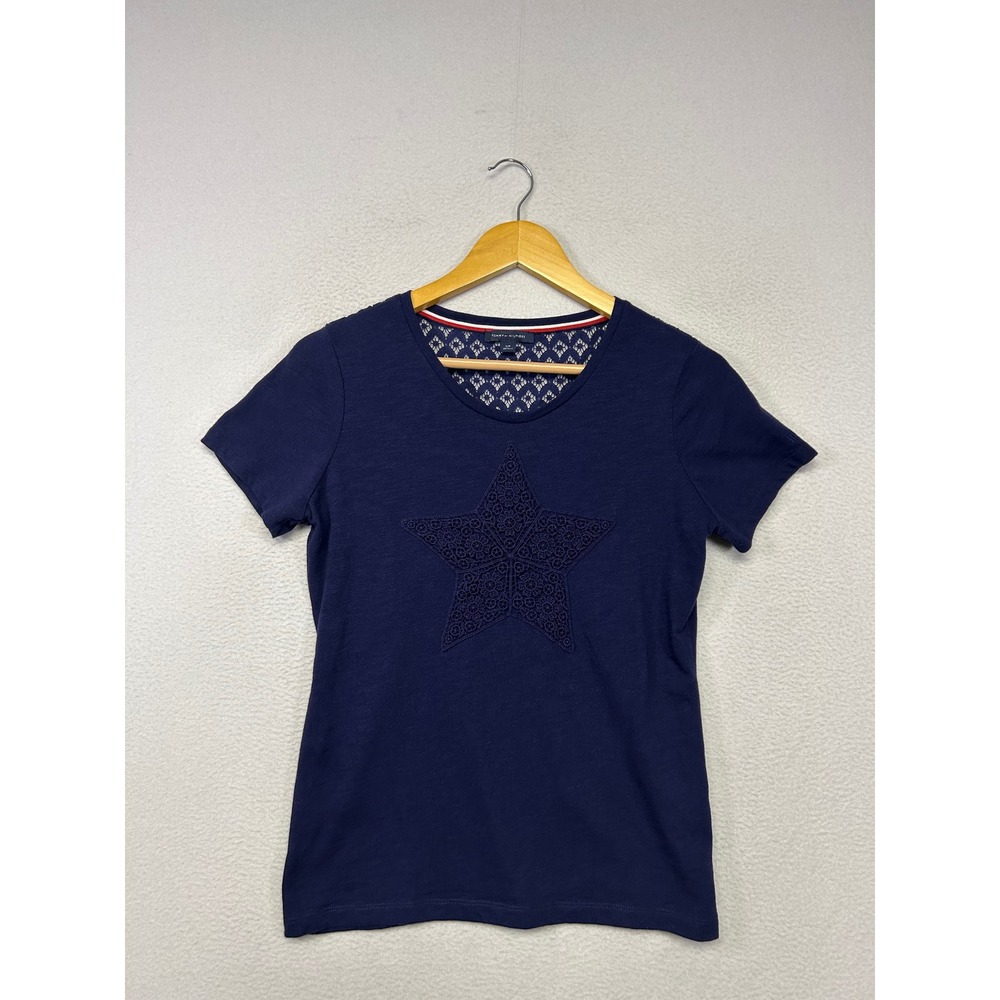 Americana Tommy Hilfiger Womens Small Blue Star Lace Back Short Sleeve T-Shirt